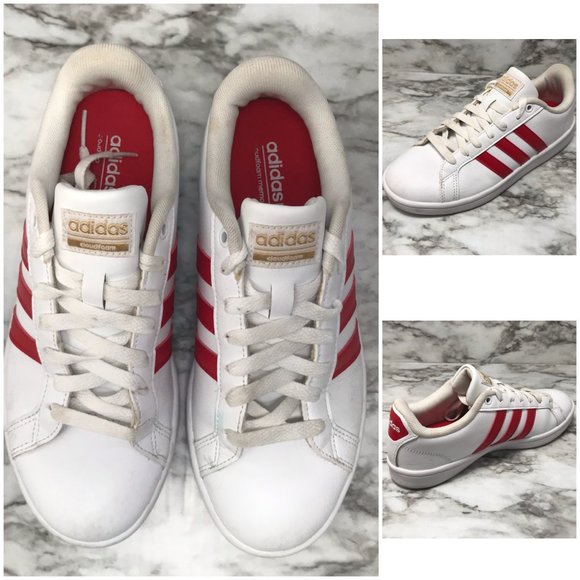 white adidas with red stripes